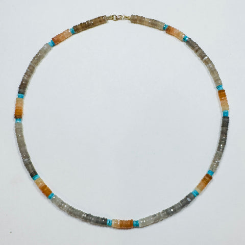 shaded peach and gray moonstone heishi with turquoise pop