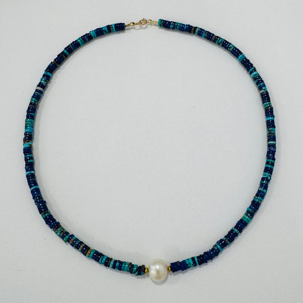 turquoise and lapis heishi necklace with center focal