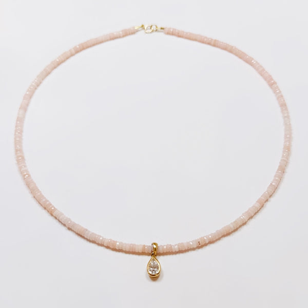 pink opal heishi necklace with pear diamond