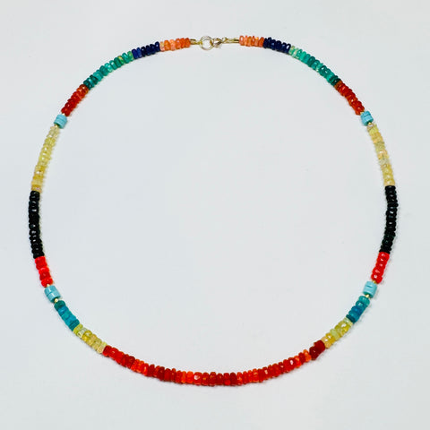 multicolored Ethiopian opal candy necklace with turquoise and gold beads