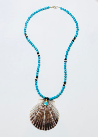 Kingsman turquoise and blue sapphire necklace with shell pendant