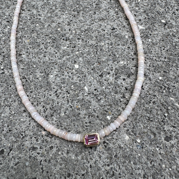 pink opal heishi necklace with bezel set pink tourmaline