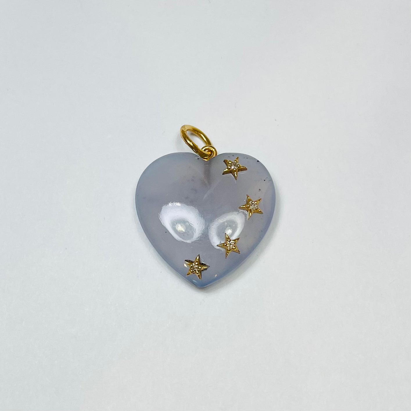 blue chalcedony heart pendant with diamond stars