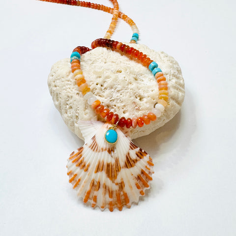 fire opal and turquoise necklace with shell pendant