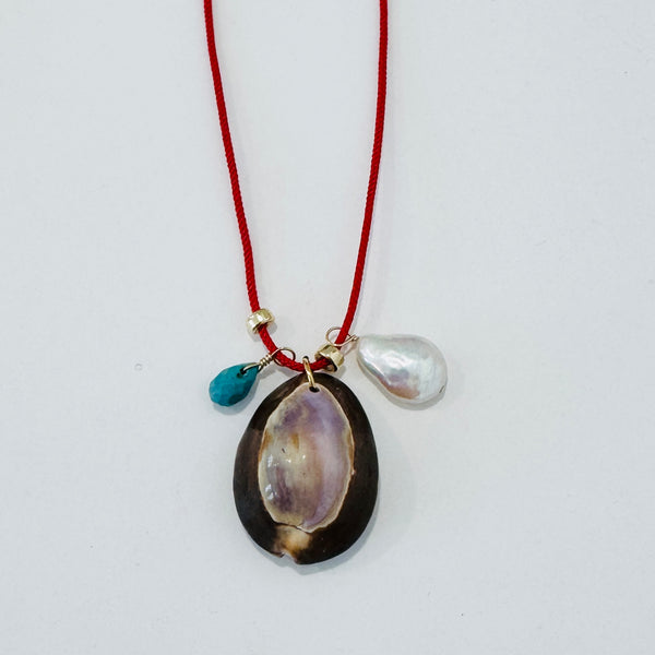 Kumihimo silk cord charm necklace, red with turquoise, pearl, and purple cowrie shell