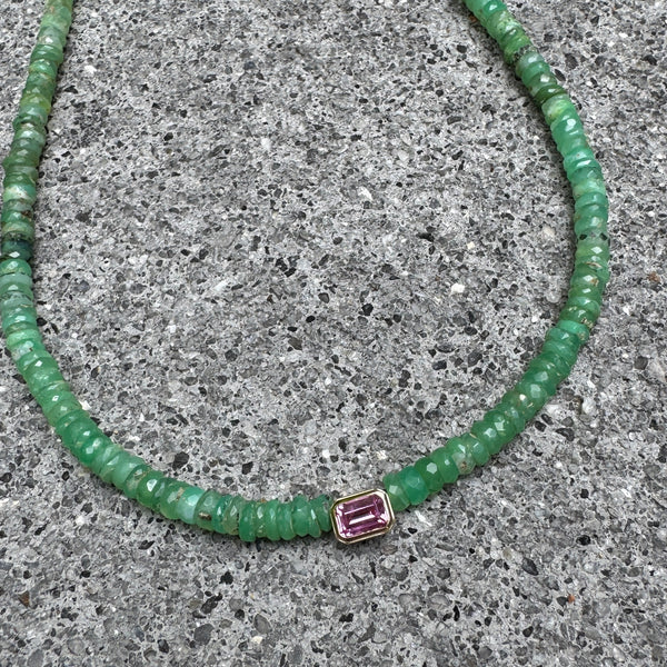 chrysoprase heishi necklace with bezel set pink tourmaline