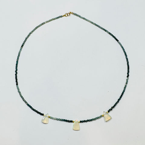 delicate teal turmaline necklace with triange opals