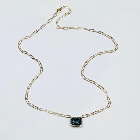 bezel set london blue topaz on paperclip chain