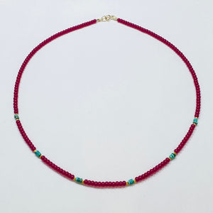 smooth ruby and turquoise necklace with gold nuggets