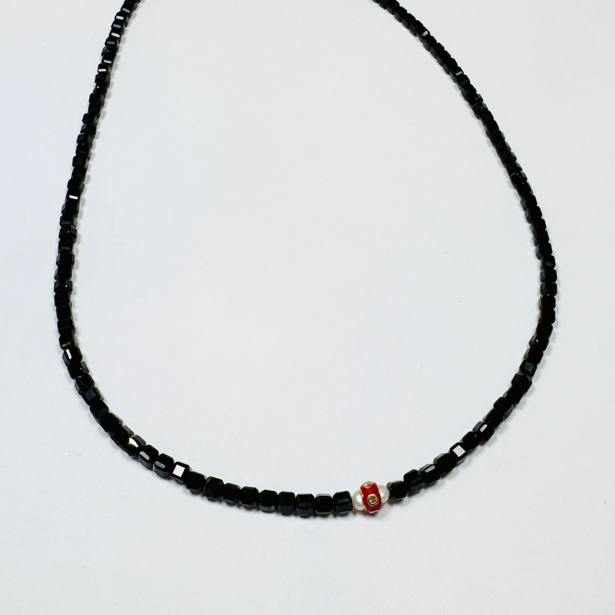 onyx, pearl, and diamond barrel bead necklace
