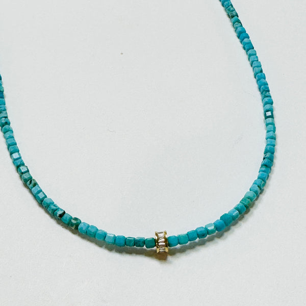 delicate block turquoise necklace with diamond barrel