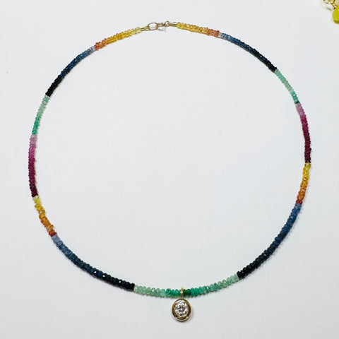 sapphire necklace with bezel diamond charm
