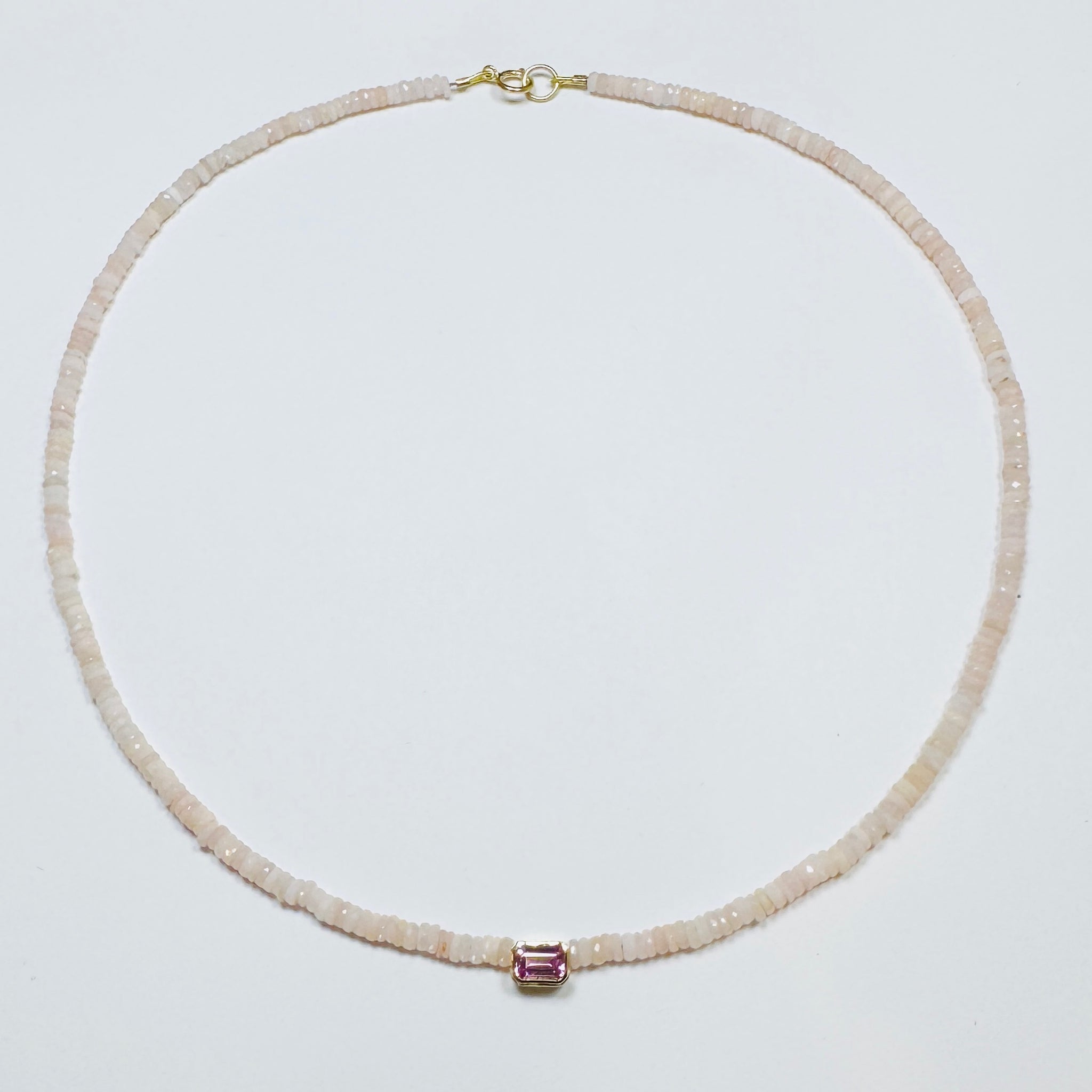 pink opal heishi necklace with bezel set pink tourmaline