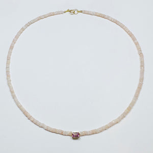 pink opal heishi necklace with bezel set pink tourmaline