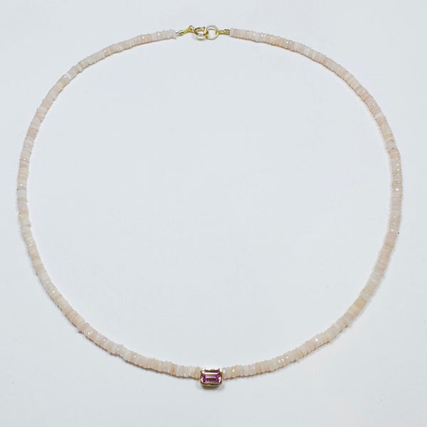 pink opal heishi necklace with bezel set pink tourmaline