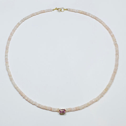 pink opal heishi necklace with bezel set pink tourmaline