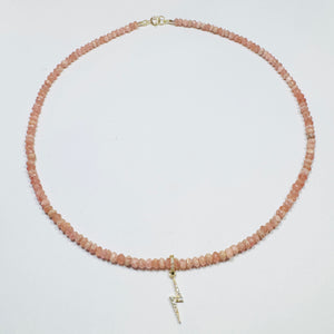 pink rhodochrosite necklace with lightning bolt charm