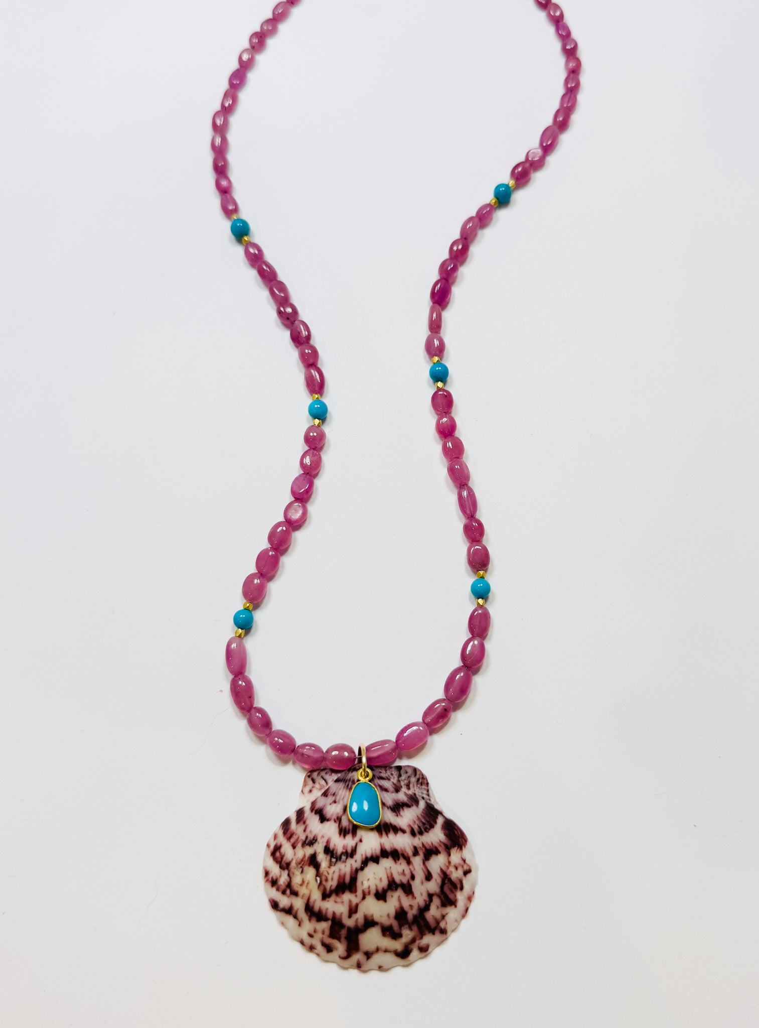 pink sapphire and kingsman turquoise necklace with shell pendant
