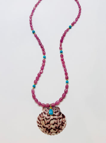 pink sapphire and kingsman turquoise necklace with shell pendant