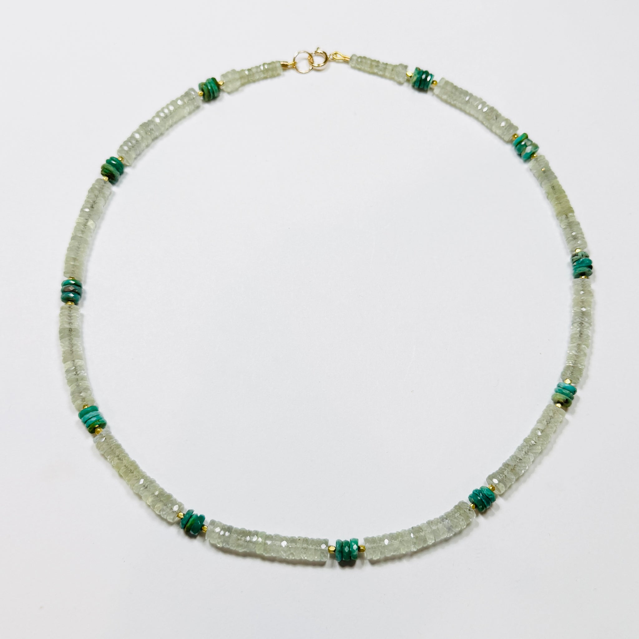 color blocked prehnite and turquoise heishi necklace