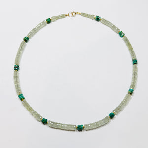 color blocked prehnite and turquoise heishi necklace