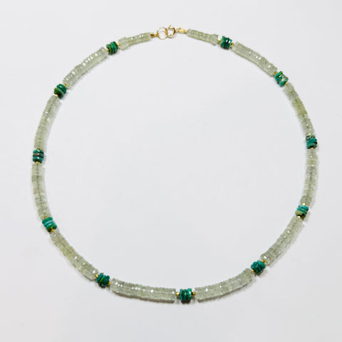 color blocked prehnite and turquoise heishi necklace