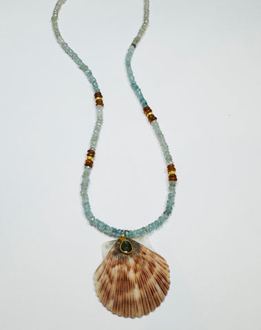 aquamarine and hessonite garnet necklace with shell pendant