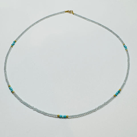 delicate blue zircon necklace with turquoise and gold nuggets