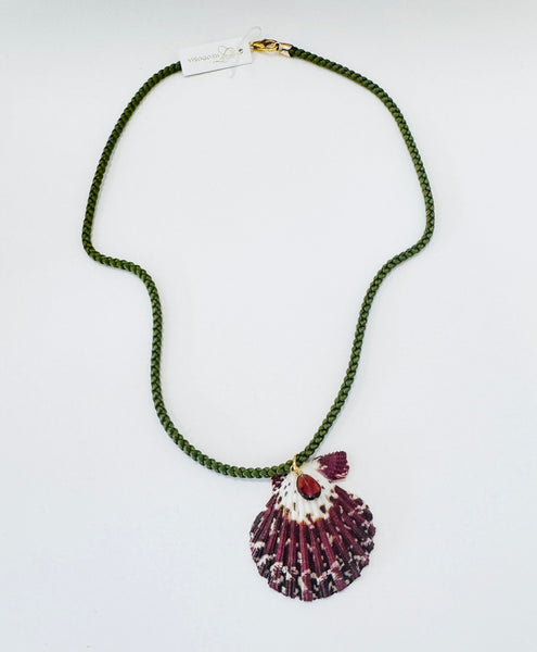 Kumihimo silk cord charm necklace, green with shell