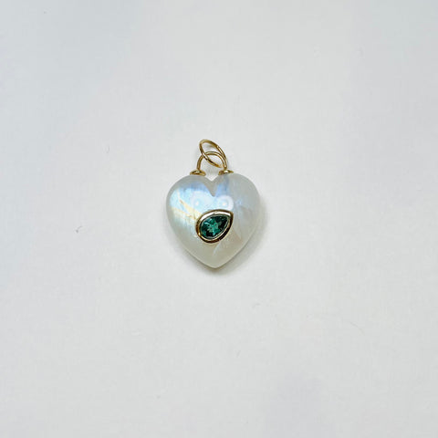 puffy moonstone heart pendant with emerald
