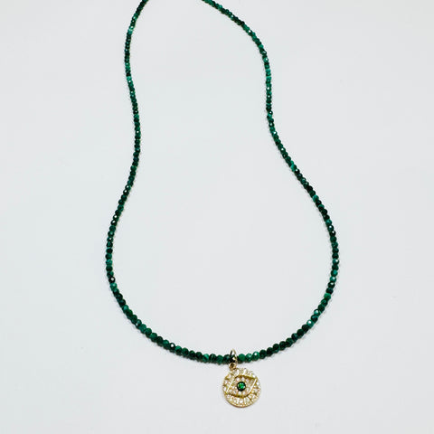 delicate malachite necklace with evil eye medallion ￼