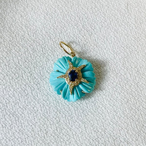 carved turquoise flower pendant with diamonds and sapphire