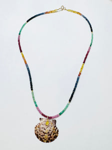 faceted rainbow sapphire necklace with shell pendant