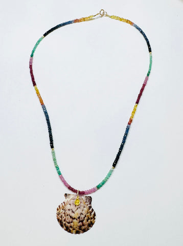 faceted rainbow sapphire necklace with shell pendant
