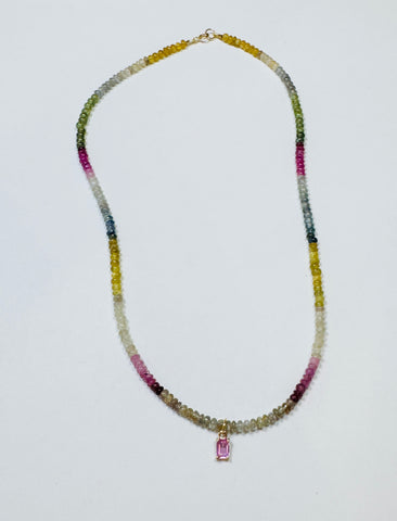 pink sapphire baguette on shaded sapphire heishi necklace