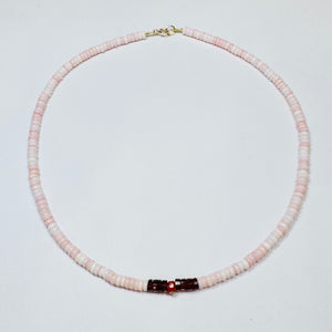 pink conch, garnet, and red diamond barrel necklace