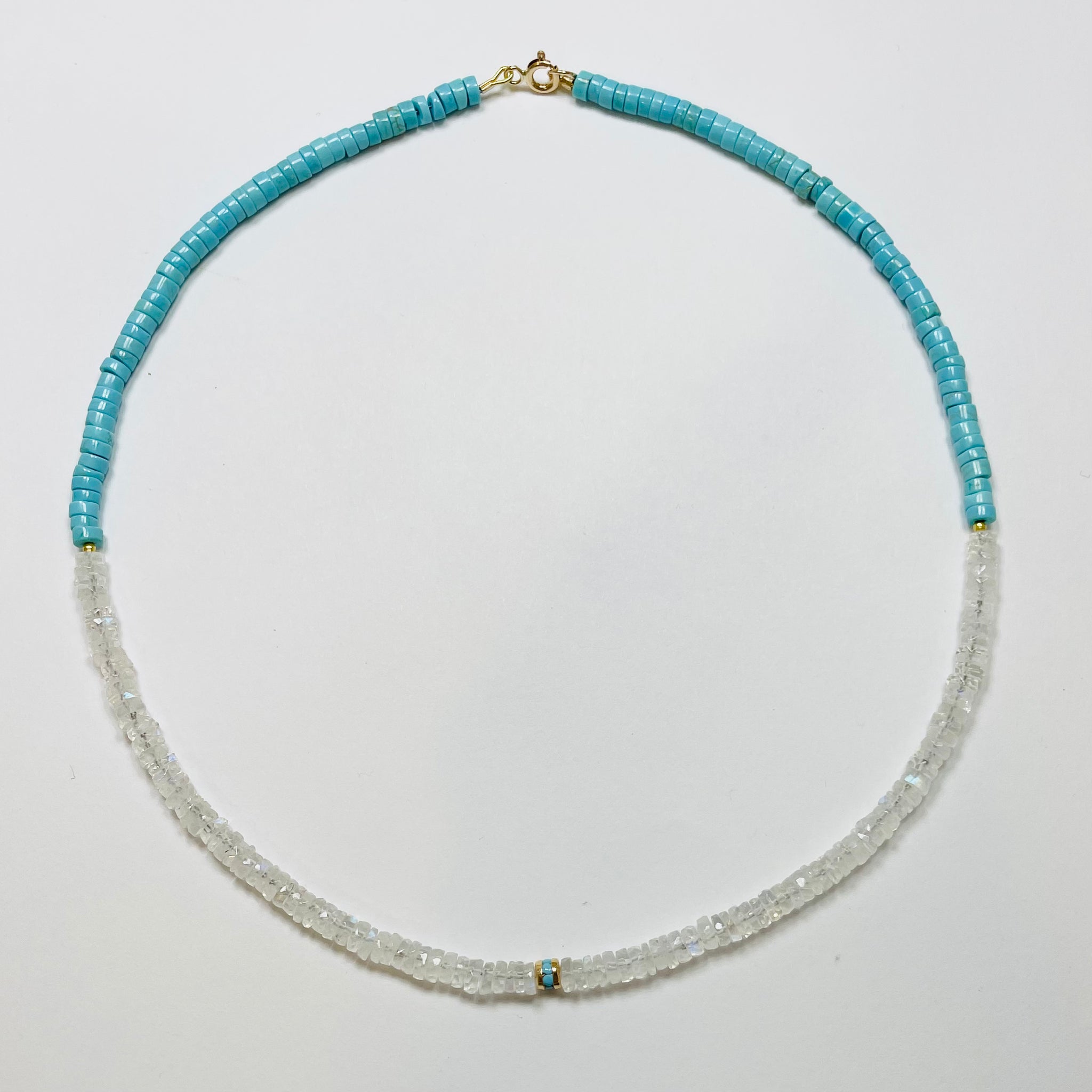 rainbow moonstone heishi and turquoise necklace