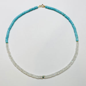 rainbow moonstone heishi and turquoise necklace
