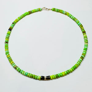 green turquoise, smokey topaz, and diamond barrel necklace