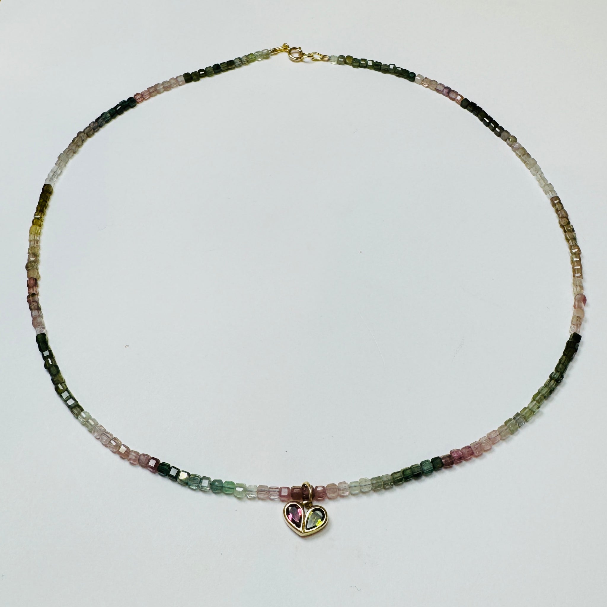 delicate blocked shaded watermelon tourmaline necklace with tourmaline heart charm