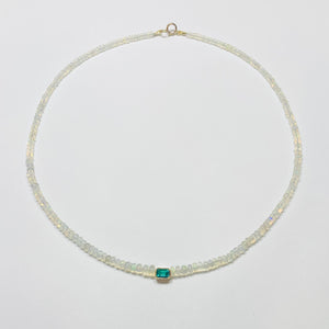opal heishi necklace with bezel emerald