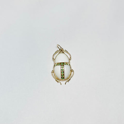 scarab beetle pendant, white agate and emerald