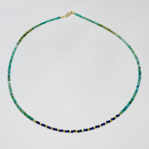 delicate turquoise and lapis necklace with 16 gold nuggets