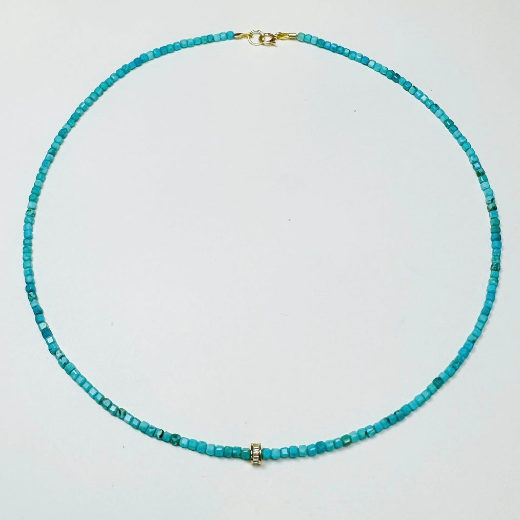 delicate block turquoise necklace with diamond barrel