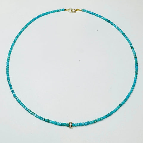 delicate block turquoise necklace with diamond barrel