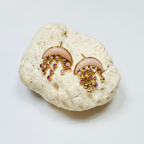 Crescent pink opal and sapphire dangle studs