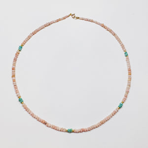 delicate pink opal necklace with turquoise and gold beads