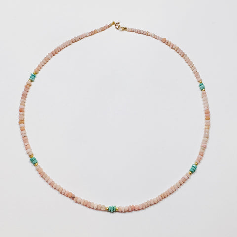 delicate pink opal necklace with turquoise and gold beads