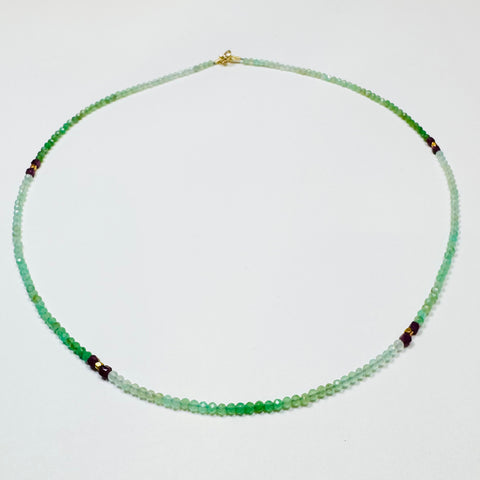 delicate chrysoprase necklace with ruby blocks and gold nuggets