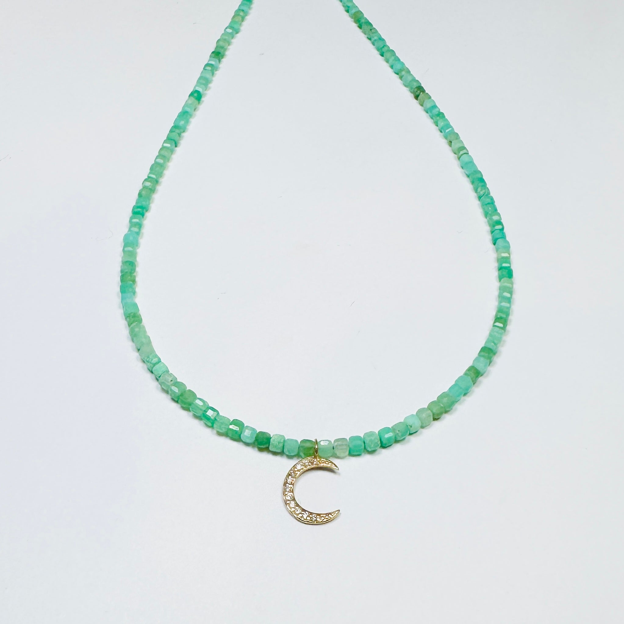 delicate block chrysoprase necklace with diamond moon charm